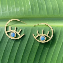 Load image into Gallery viewer, Evil Eye Brass Hoop Earrings